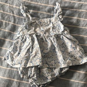 No label, blue and white block print baby romper
